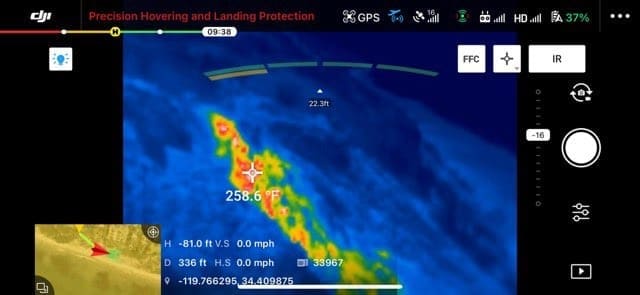 Infrared heat signature taken from the drone of the cliff below Hope Ranch. (Photo: Santa Barbara County Fire Department)