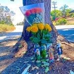 A memorial on Cliff Drive in Santa Barbara has been set up where pedestrian Juan Lopez was struck and killed by a hit-and-run driver on June 29, 2024. Santa Barbara Police arrested Brock Alexander Hoffman, 55, on felony charges. (Photo by John Palminteri)