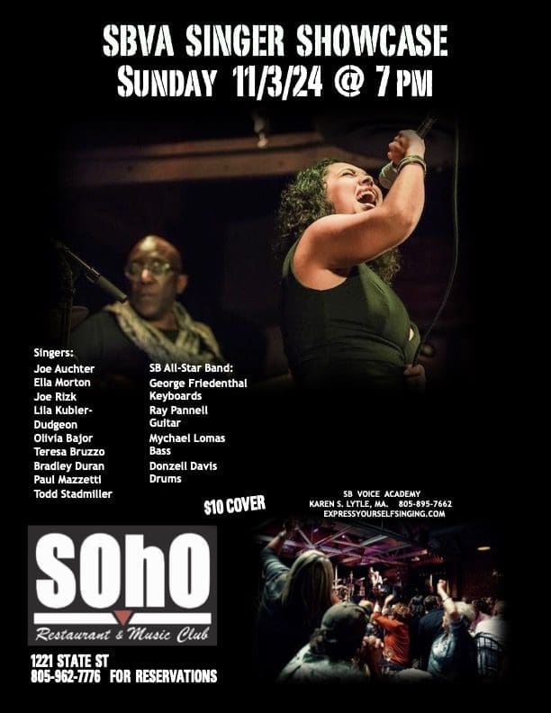 11/3/24 @ 7pm SBVA SINGER SHOWCASE @ SOHO Music Club