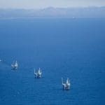 An aerial photo showing a series of oil platforms off the coast of Santa Barbara, CA in the Pacific Ocean
