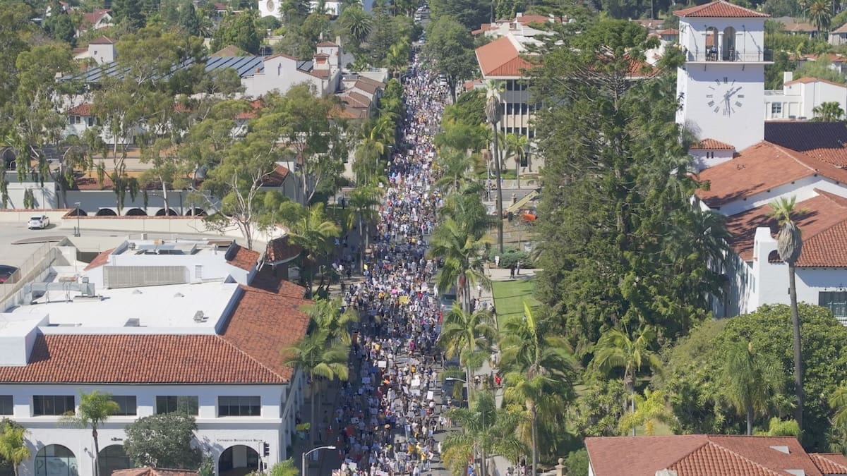 An estimated 13,000 people showed up for the No Kings Day of Action rally in downtown Santa Barbara on October 18, 2025 (Photo by Indivisible Santa Barbara)