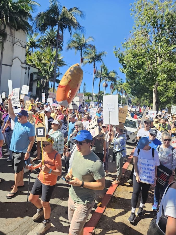 An estimated 13,000 people showed up for the No Kings Day of Action rally in downtown Santa Barbara on October 18, 2025 (Photo by Jackie Spafford)