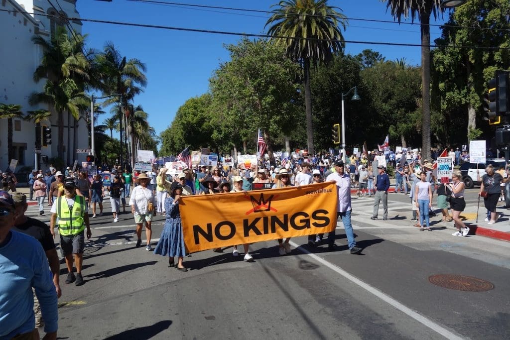An estimated 13,000 people showed up for the No Kings Day of Action rally in downtown Santa Barbara on October 18, 2025 (Photo by Lauren Hanson)