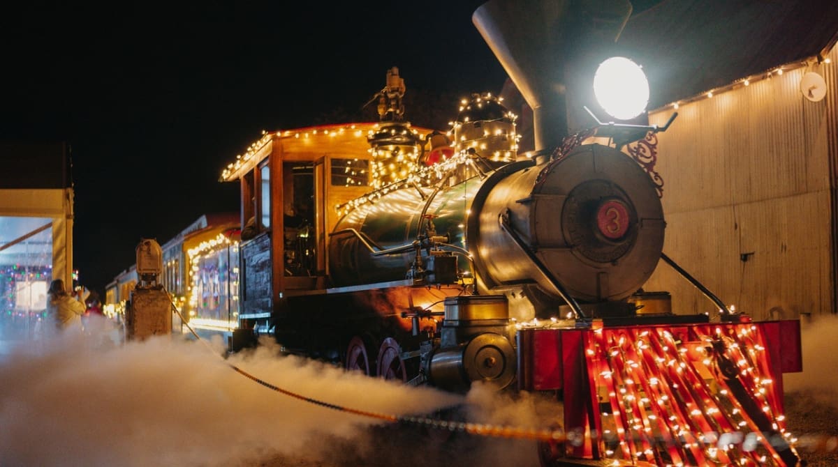 A Christmas-special steam train at the Santa Margarita Ranch in San Luis Obispo County. Image Source: Santa Margarita Ranch website
