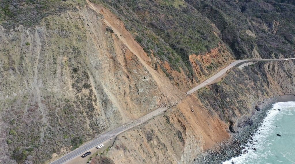 Landslide on the 6.8-mile stretch of Highway 1 in Monterey County. Image Source: Caltrans
