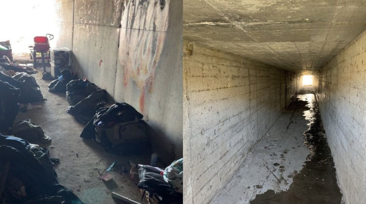 Encampment in Highway 101 near San Luis Obispo. Image Source: Facebook/ Caltrans Central Coast (District 5)