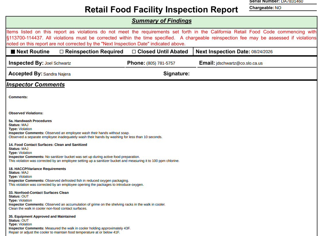 Screenshot of the health inspection details. Image Source: inspections.myhealthdepartment.com/ca-san-luis-county