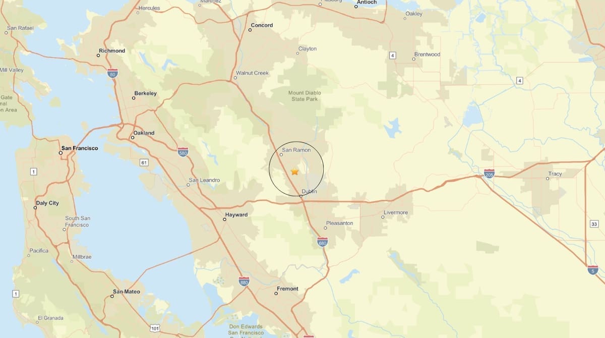 A 2.7-magnitude was recorded near San Ramon on March 8, 2026. Image Source: USGS