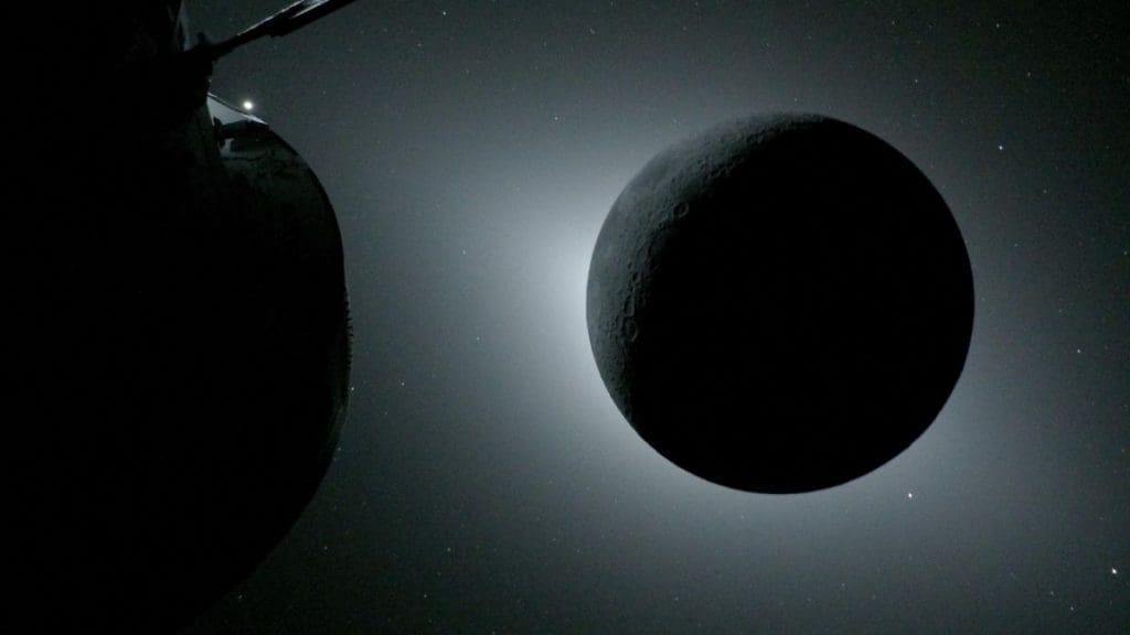 The Moon appears backlit by the Sun during a solar eclipse, as seen from external cameras mounted on the Orion spacecraft’s solar array wings on April 6, 2026. Image Source: Facebook/NASA