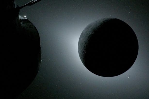 The Moon appears backlit by the Sun during a solar eclipse, as seen from external cameras mounted on the Orion spacecraft’s solar array wings on April 6, 2026. Image Source: Facebook/NASA