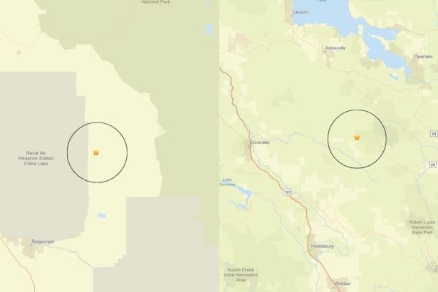 A 2.5-magnitude occurred near Searles Valley (left), while a 2.8-magnitude earthquake was reported near Cobb on May 14, 2026. Image Source: USGS