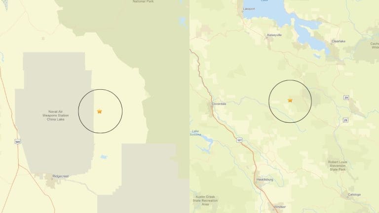 A 2.5-magnitude occurred near Searles Valley (left), while a 2.8-magnitude earthquake was reported near Cobb on May 14, 2026. Image Source: USGS